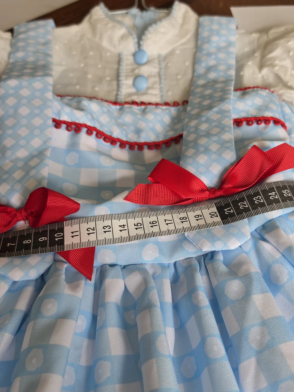 Children's Light Blue Gingham Costume Dress with Red Bow Accents